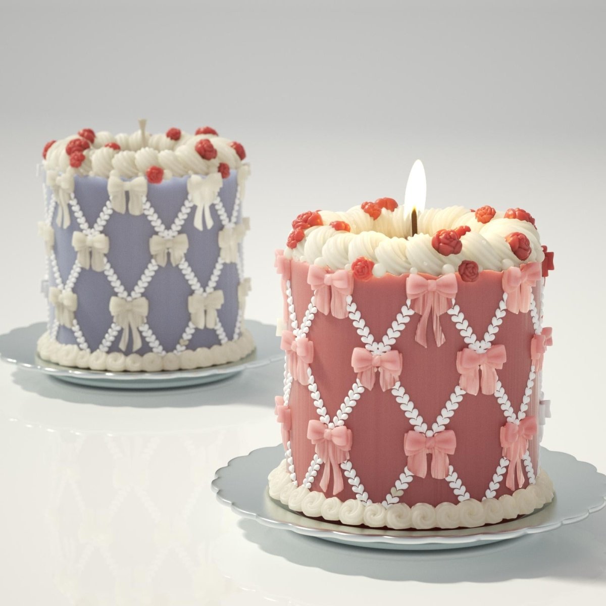 Colorful bow and rose cake candles with delicate frosting details, perfect for adding charm to any space-Boowan Nicole