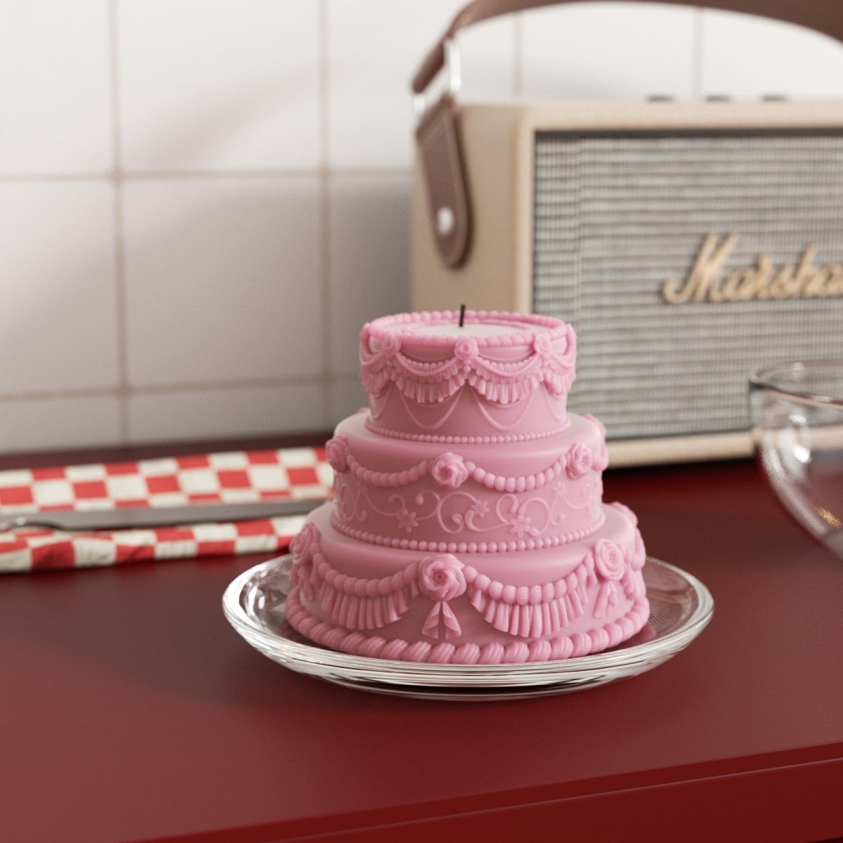 Pink triple cake candles on a glass tray - add a charming elegance to your decor-Boowan Nicole