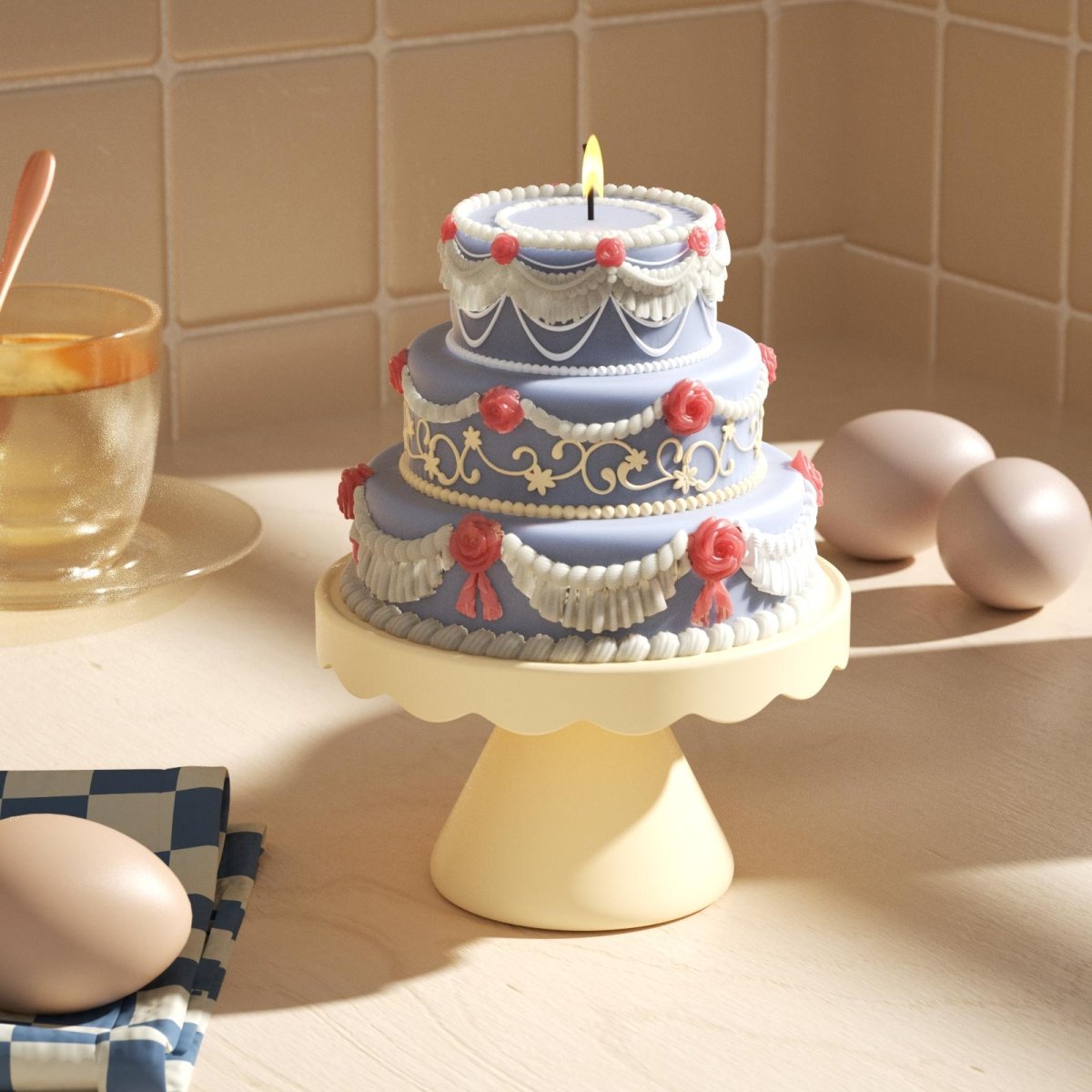 Vintage Blue Three-Tier Cake Candle – Add a Touch of Elegance and Whimsy to Your Home Decor-Boowan Nicole