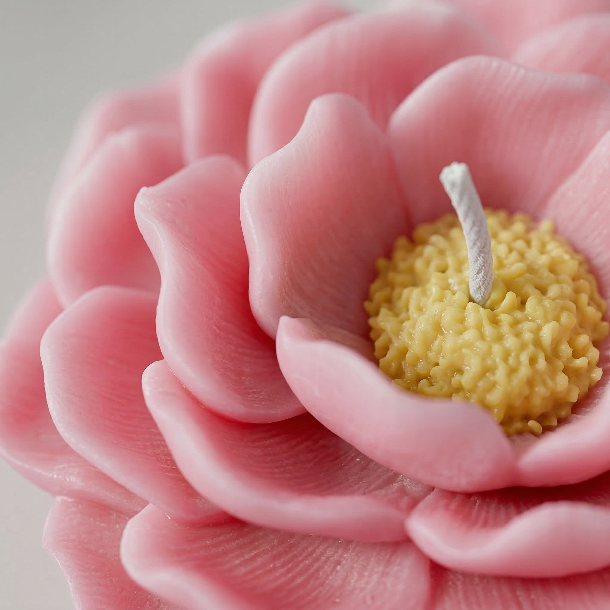 Macro shot of a pink camellia candle, highlighting realistic petal veins and textured yellow center. -Boowan Nicole