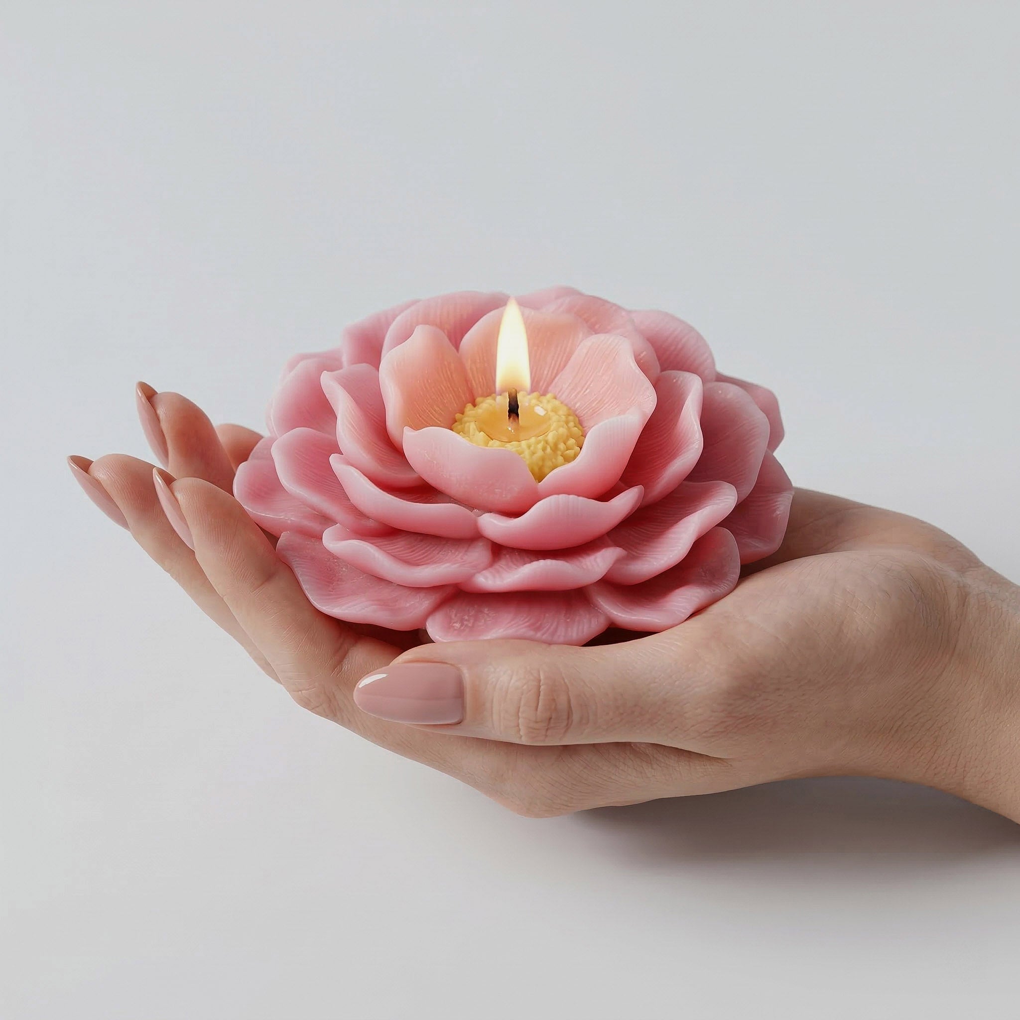 A lit pink camellia flower candle resting on a white lace doily, casting warm glow. -Boowan Nicole