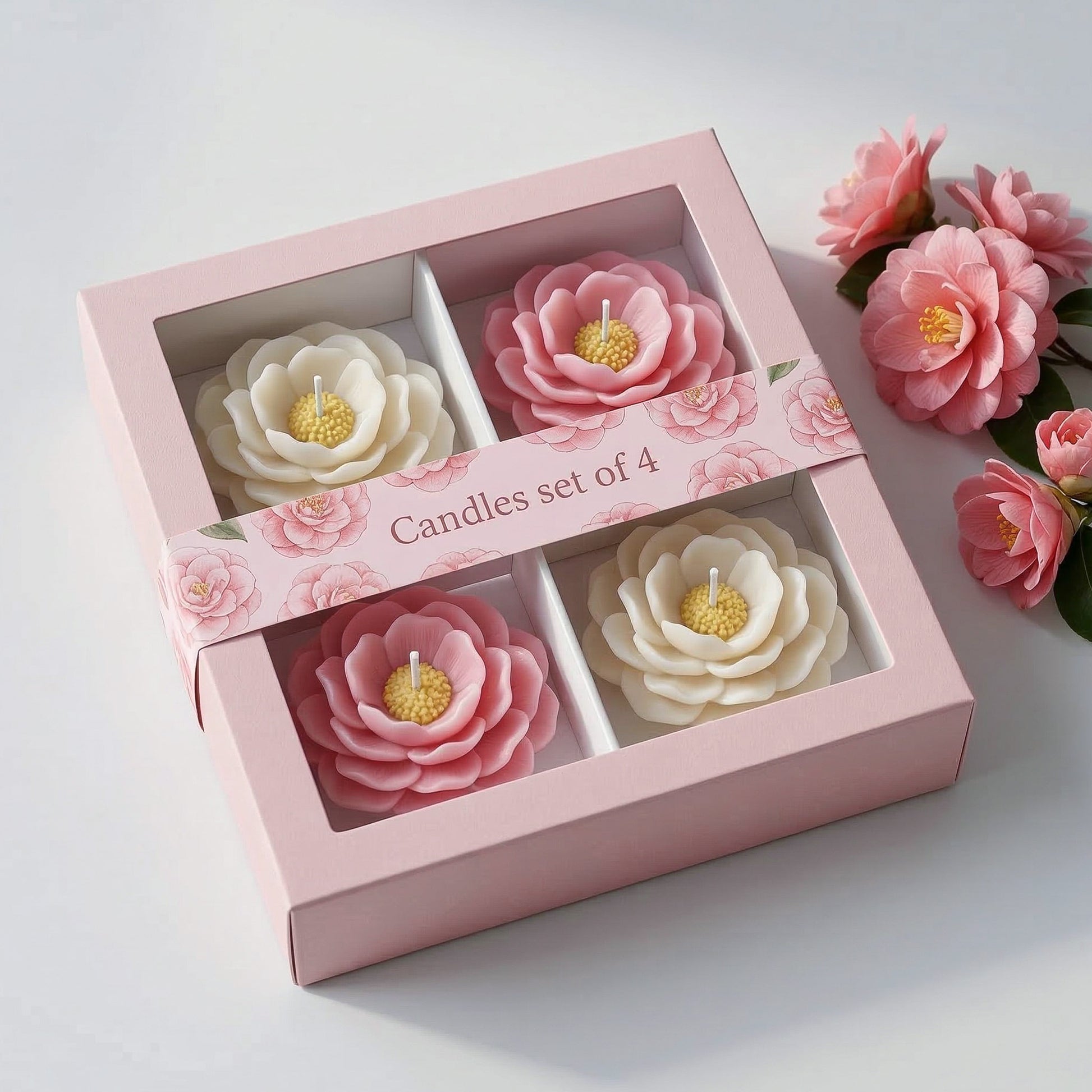 Pink and white camellia flower candle set of 4 in a pink gift box with floral packaging, beside fresh camellia flowers. -Boowan Nicole