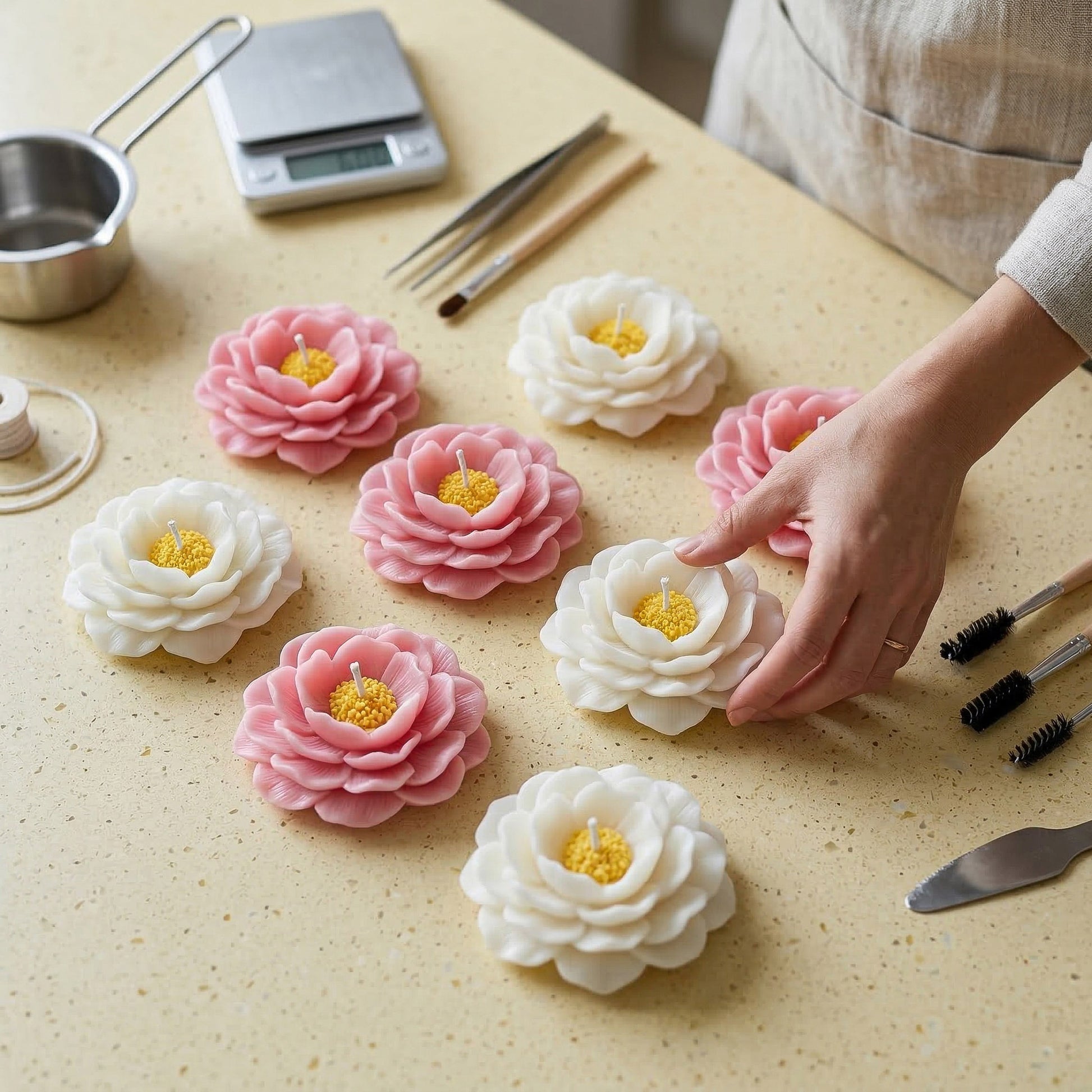 Workstation with a variety of handcrafted pink and white camellia flower candles, plus crafting tools. -Boowan Nicole