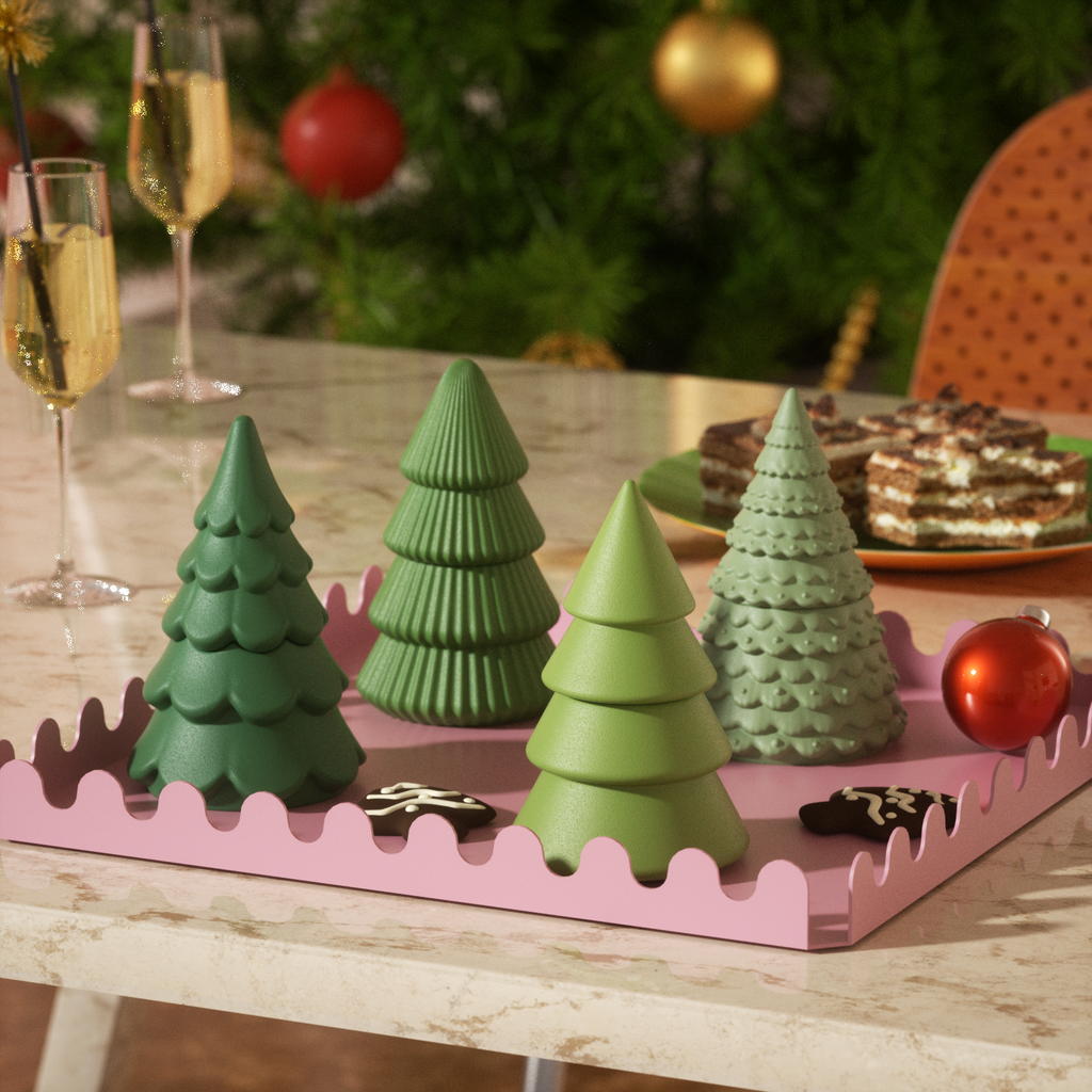 Charming set of green Christmas tree candles, ideal for creating a festive holiday centerpiece.