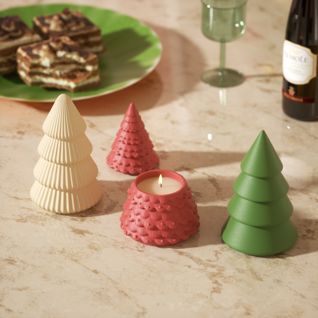 Festive Christmas tree-shaped candles for a cozy holiday ambiance, perfect for seasonal decor and gifting.