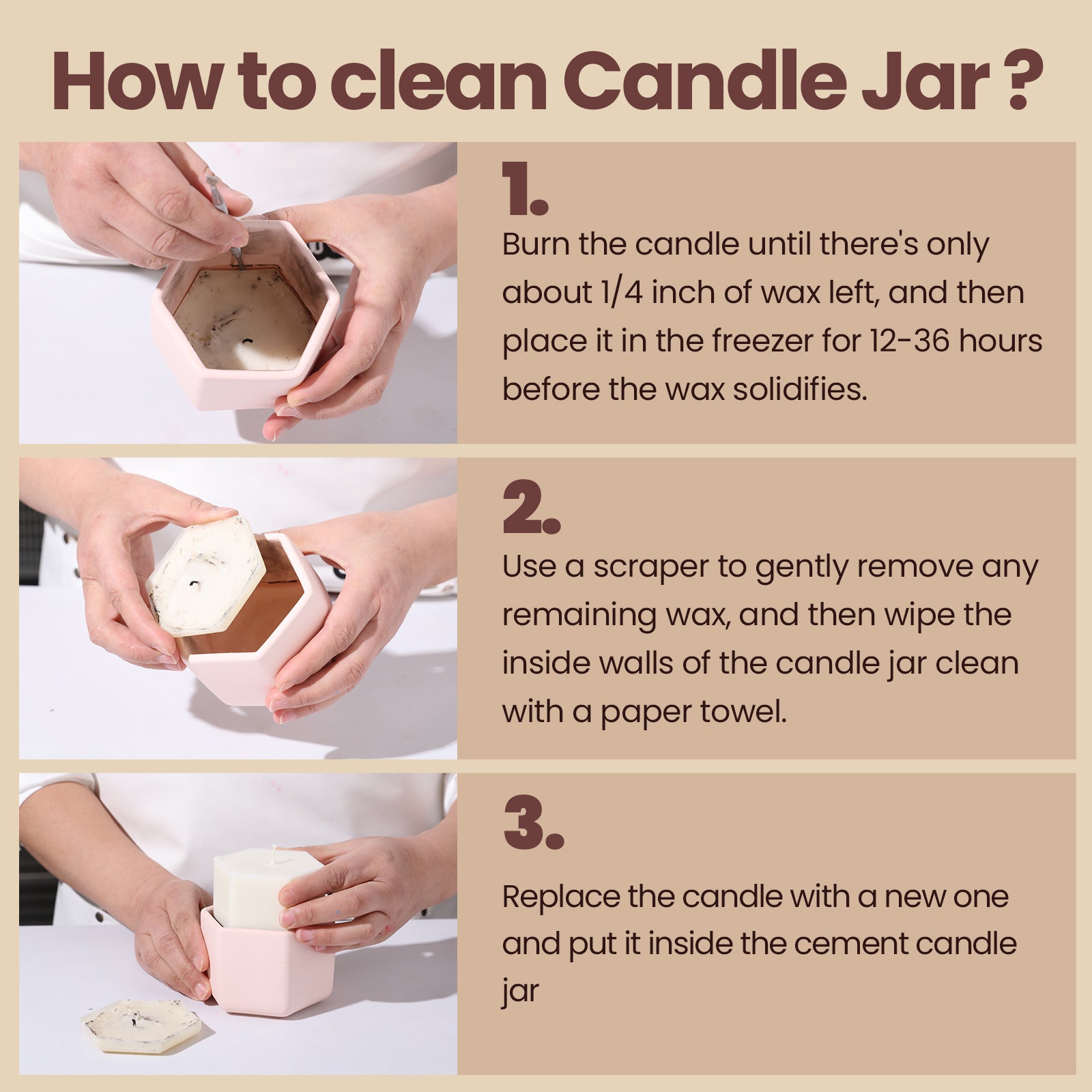 The picture shows how to remove the remaining wax residue from the candle jar after use.