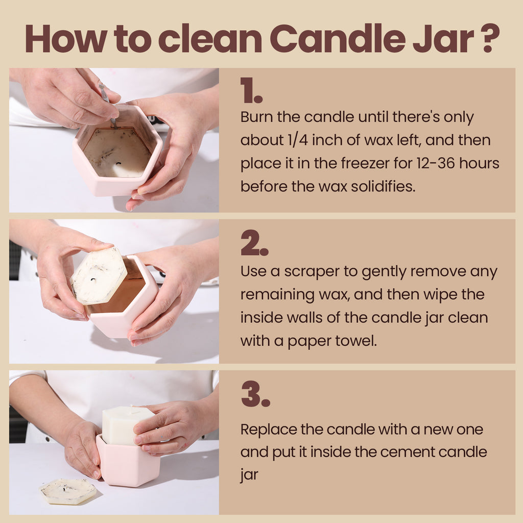 The picture shows how to remove the remaining wax residue from the candle jar after use.
