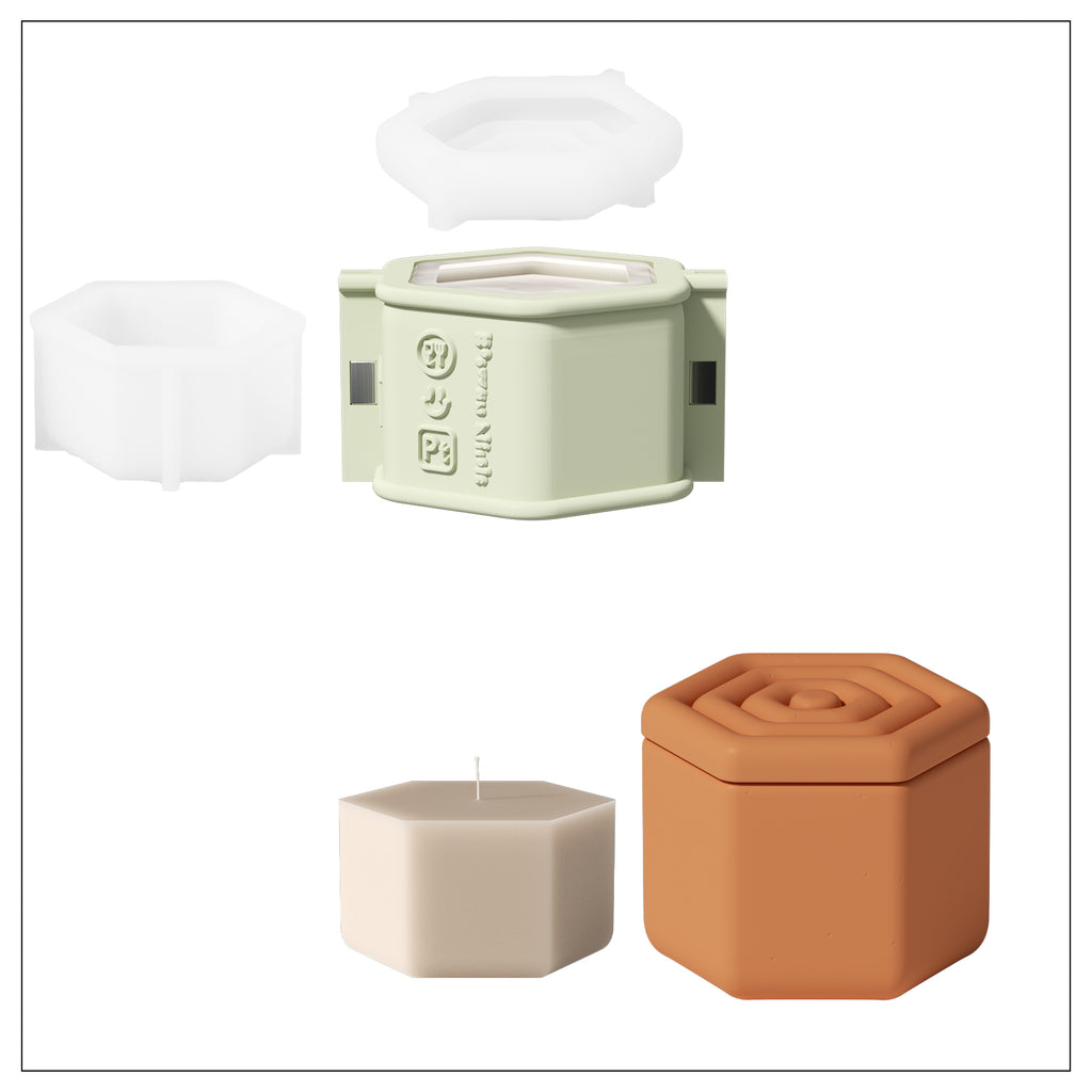 Polygonal candle jar, candle refill and corresponding silicone mold set.