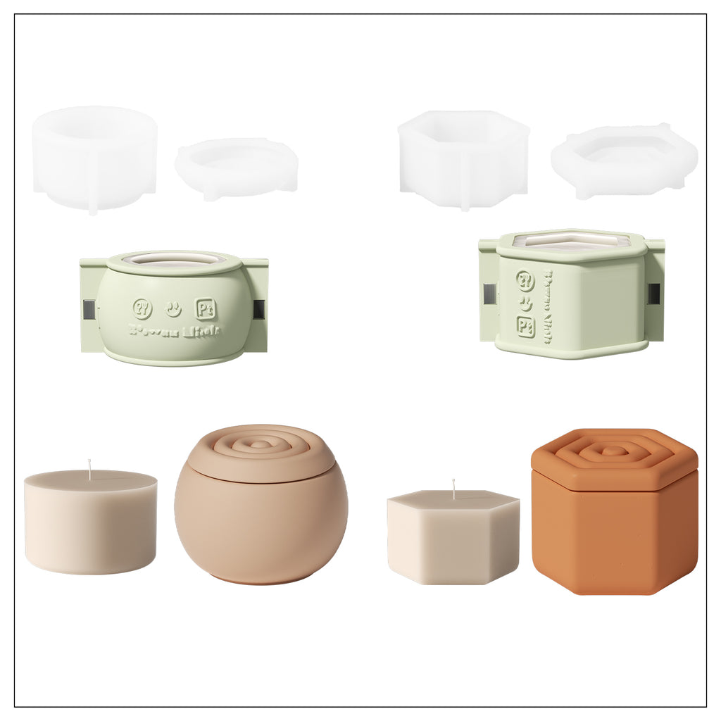 Polygonal and oval candle jars, candle refills and corresponding silicone mold sets.