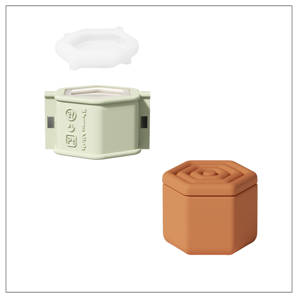 Hexagonal candle jar and corresponding silicone mold making set.