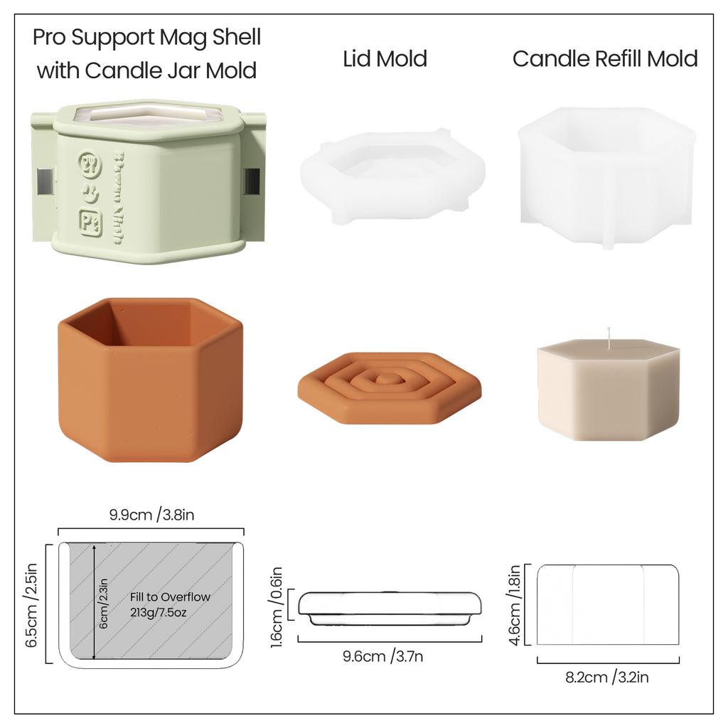 Display the size and finished product of the candle jar and the corresponding silicone mold making kit.