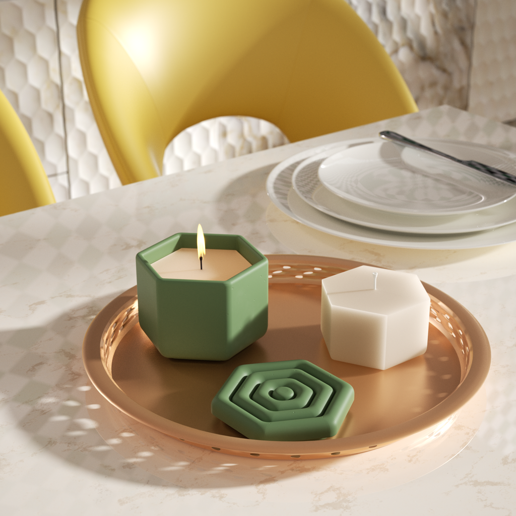 The hexagonal candle jars and candle refills in the tray reflect the environmentally friendly and sustainable interior.