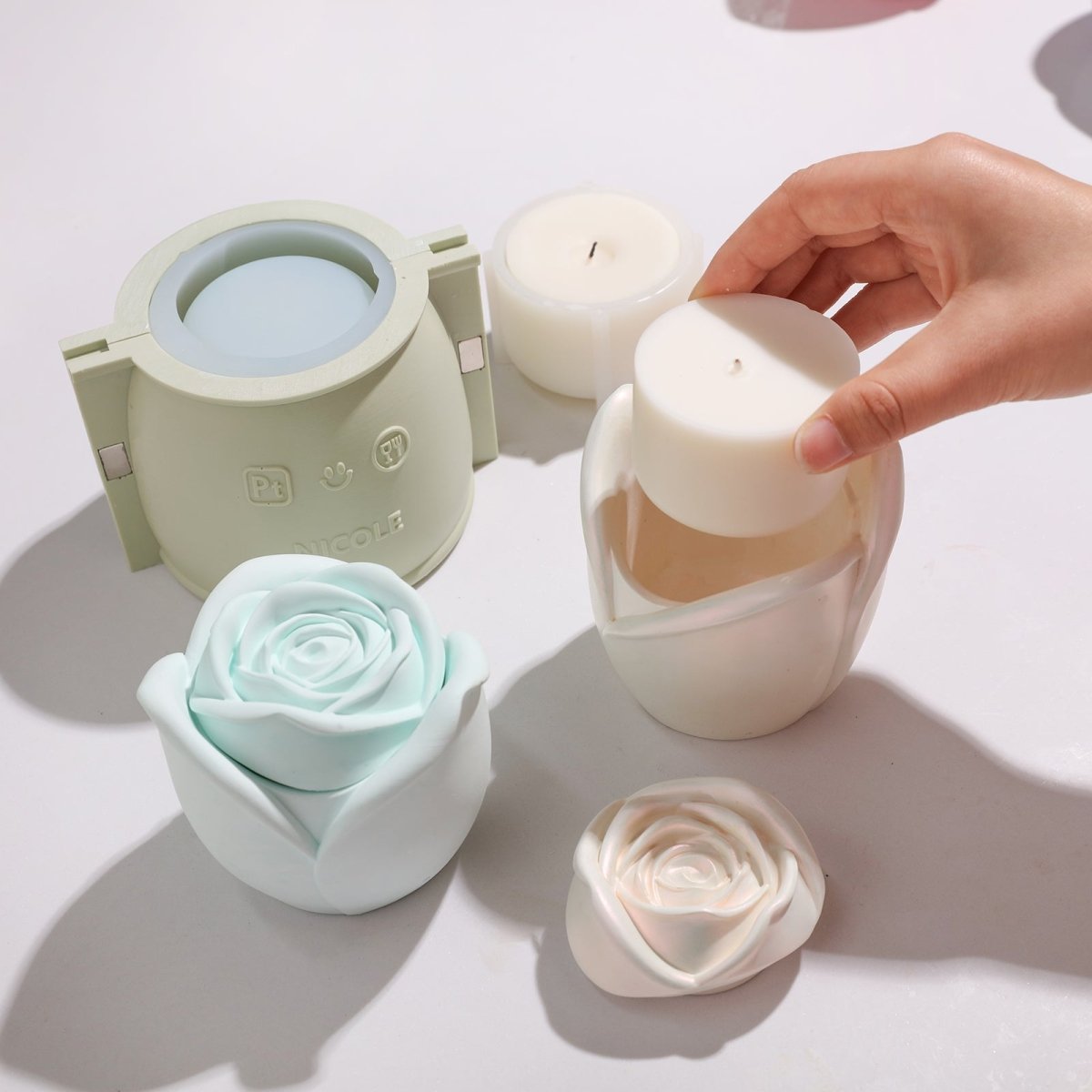 Place 50oz refill candle in white Rose Reverie Candle Jar-Boowan Nicole