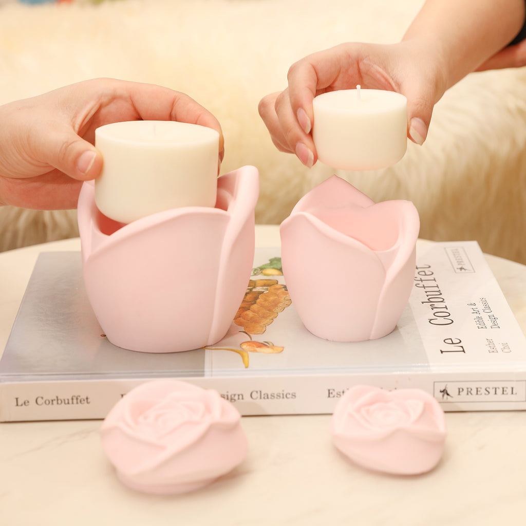 Put candle refills into one large and one small pink Rose Reverie Candle Jar-Boowan Nicole