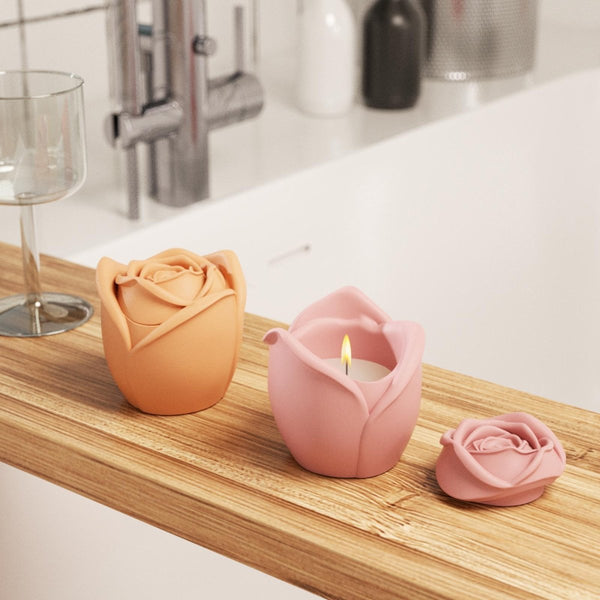 Goblet and yellow and pink Rose Reverie Candle Jar on bathtub stand, candle in pink candle jar is burning slowly - Boowan Nicole