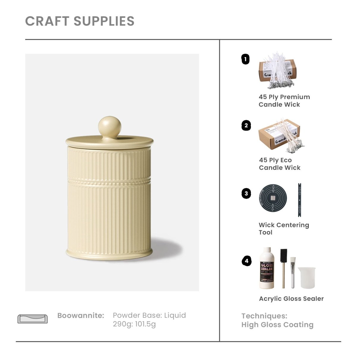 Product List-45 ply candle wick,wick centering tool with acrylic gloss sealer.