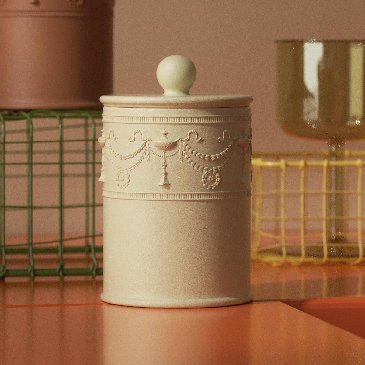 Vintage-style beige candle jar with ornate tassel and garland relief, perfect for home decor and handmade candle jar-Boowan Nicole