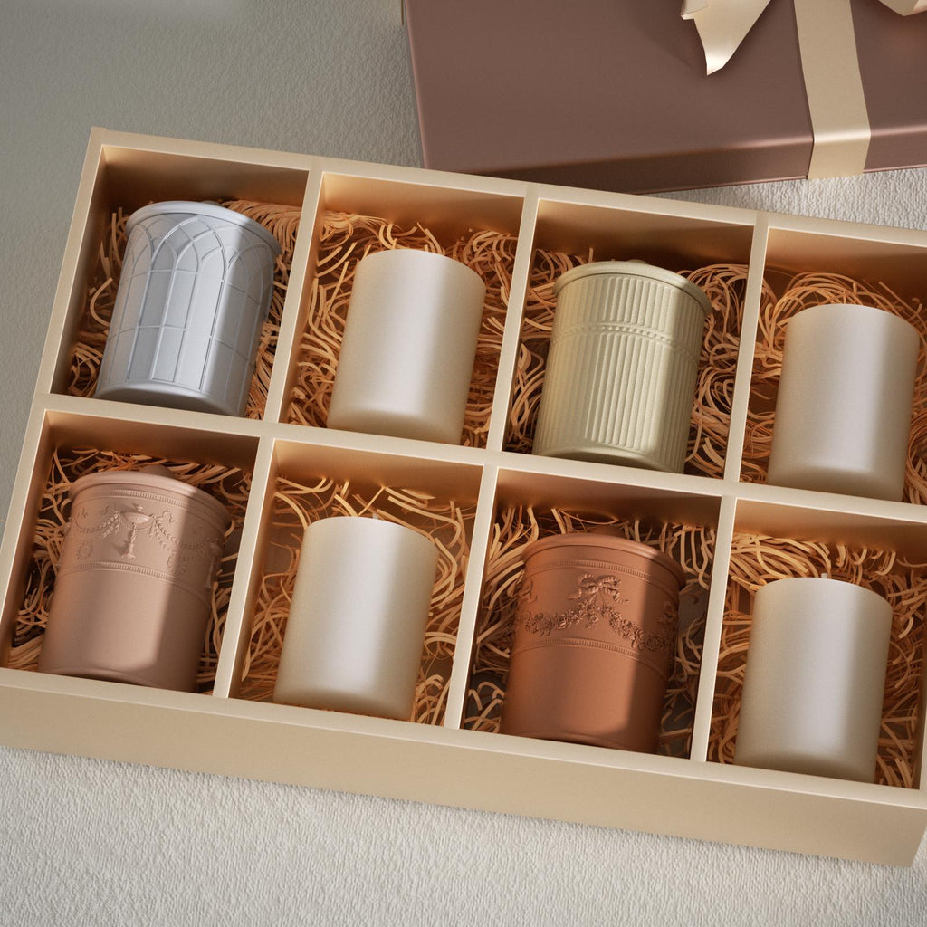 Four vintage embossed candle jars with refill inserts make a thoughtful holiday gift for family and friends-Boowan Nicole