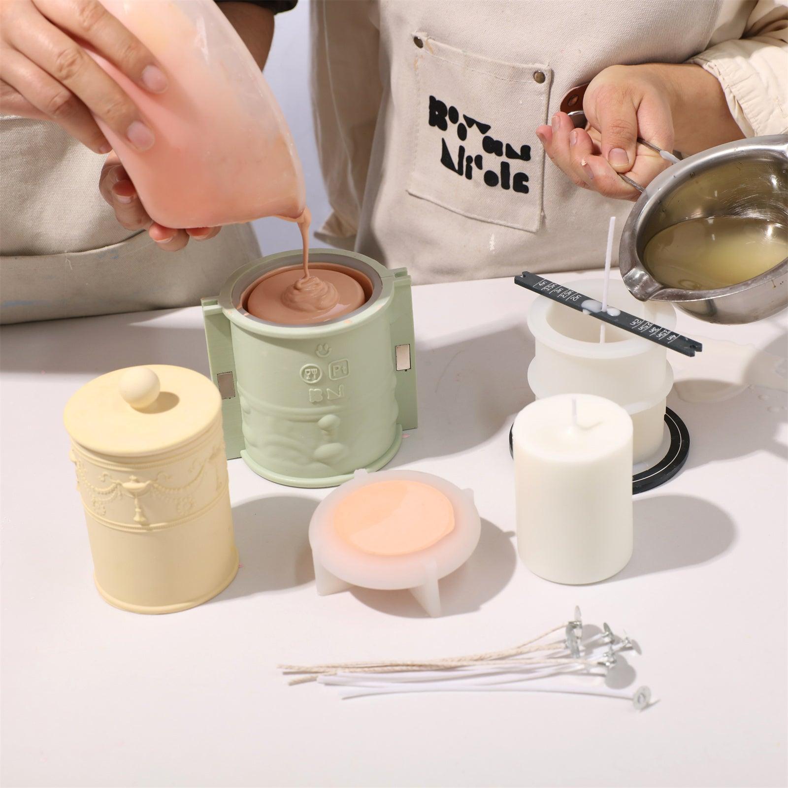 Fill the candle jar silicone molds with red clay colored concrete, and the candle refill silicone molds with wax solution-Boowan Nicole