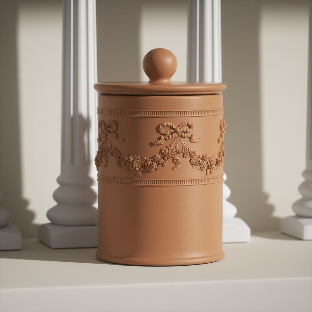 Vintage-style beige candle jar with ornate tassel and garland relief, perfect for home decor and handmade candle jar-Boowan Nicole