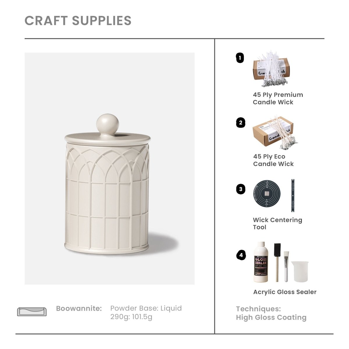 Product List-45 ply candle wick,wick centering tool with acrylic gloss sealer.