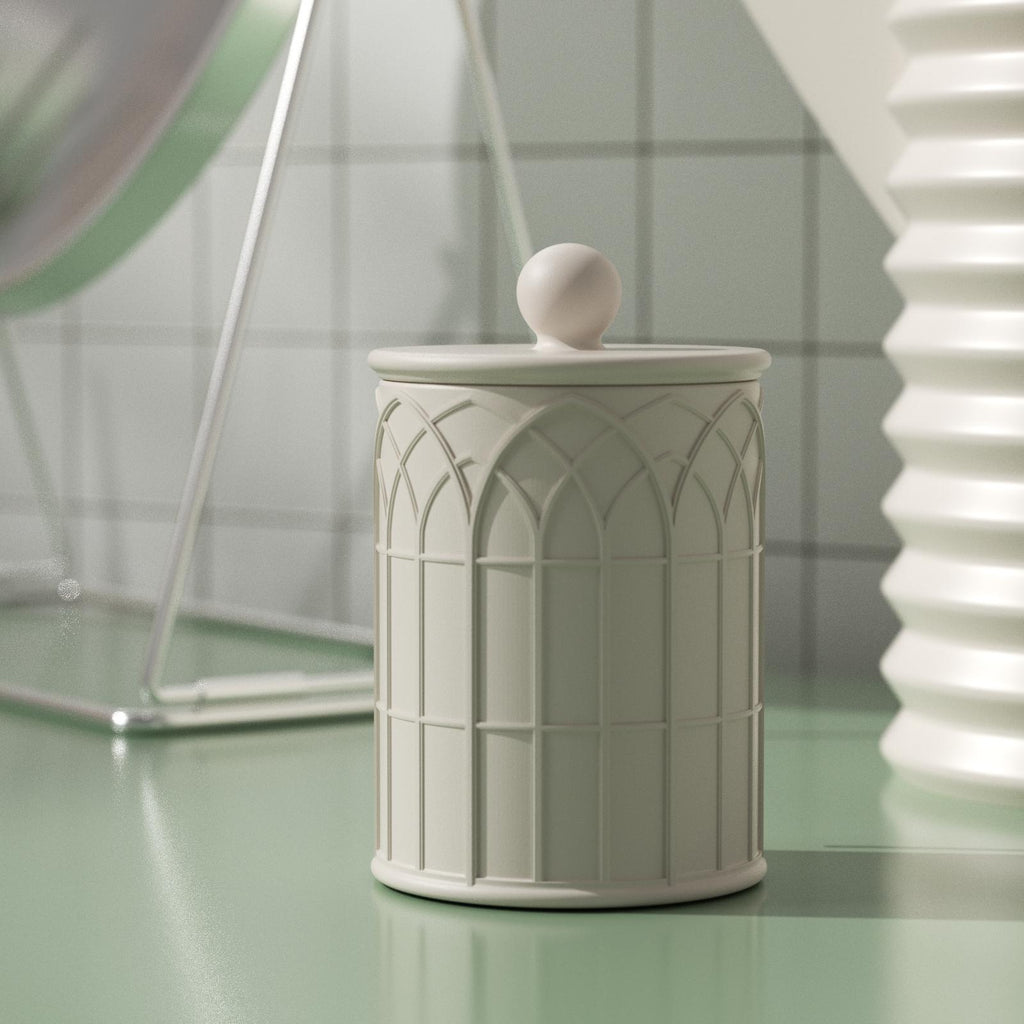 Cathedral Light concrete candle jar with embossed design — a refined choice for both candle use and elegant home decor-Boowan Nicole