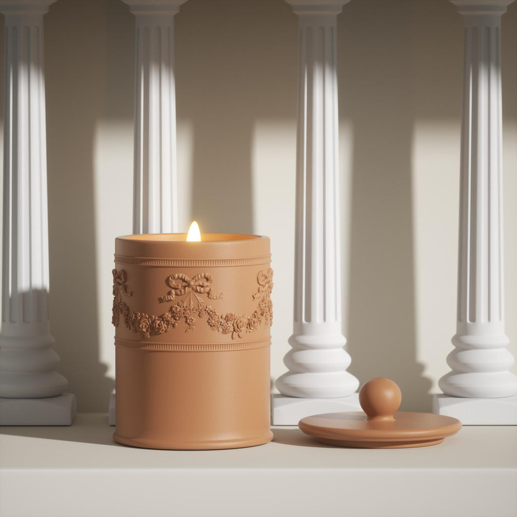 Vintage-style beige candle jar with ornate tassel and garland relief, perfect for home decor and handmade candle jar-Boowan Nicole