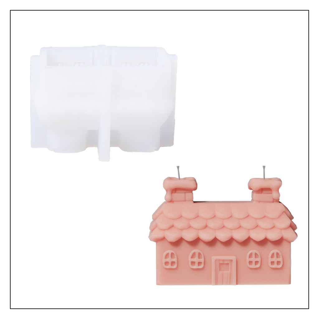 Double chimney house candle and corresponding silicone mold.