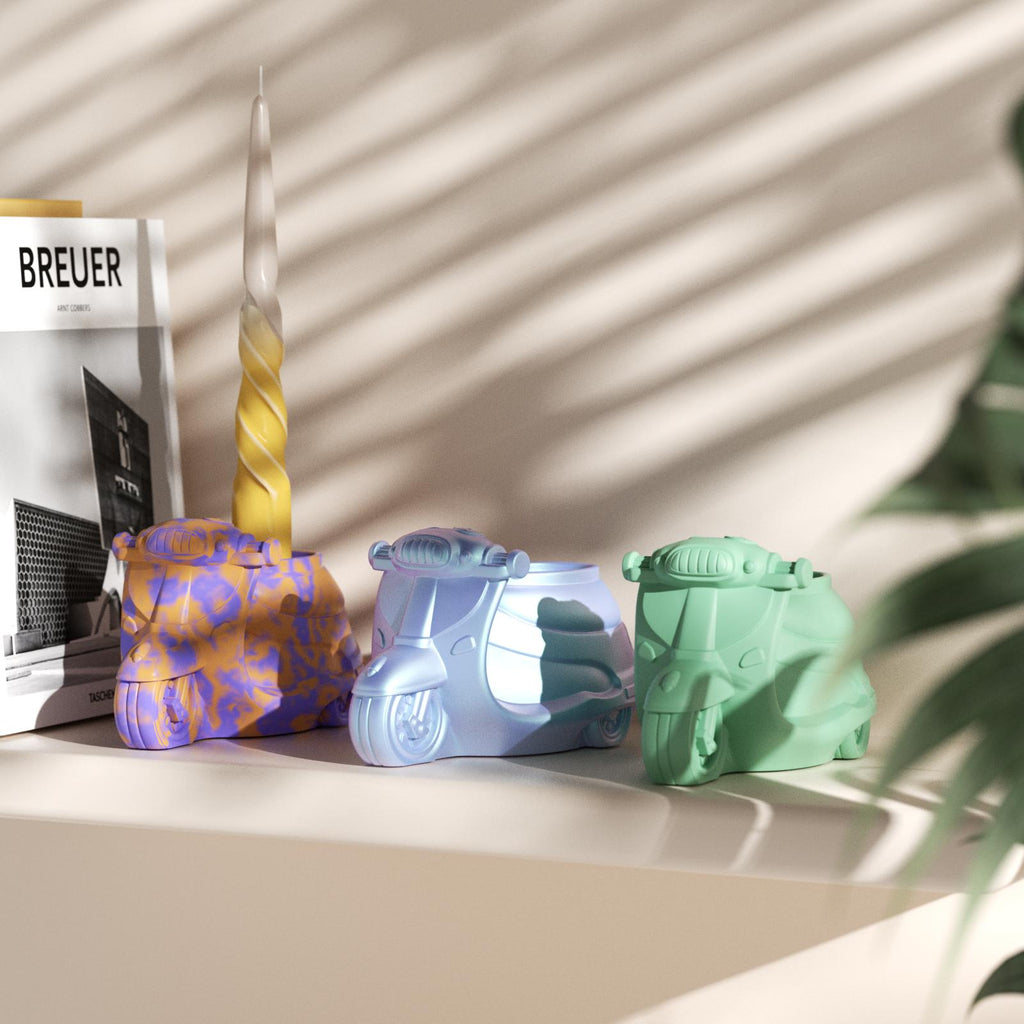 Colorful handcrafted scooter candle holders in pastel shades with unique patterns-Boowan Nicole