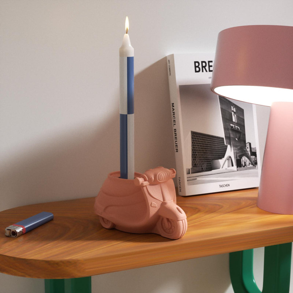 Vespa scooter candle holder with colorful taper candle for stylish home decor-Boowan Nicole