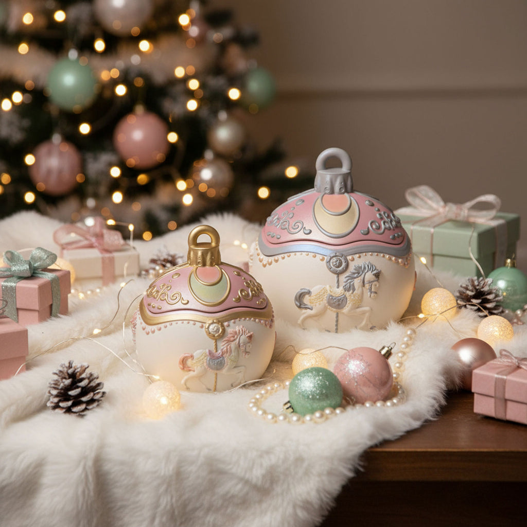 Blush pink carousel bauble candle jars in two sizes with fairy lights and pastel gifts - Boowan Nicole