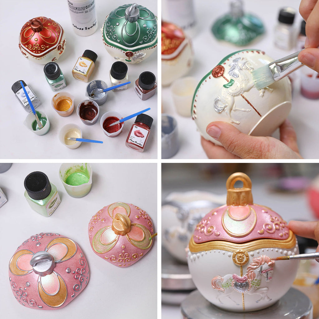 DIY carousel ornament candle jar painting—using mica/metallic pigments to detail relief horses and lids, step-by-step craft process - Boowan Nicole