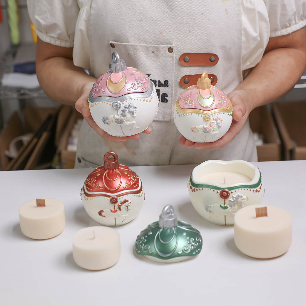 Christmas carousel ornament candle jar set with refill candles—hand-painted blush, silver, red and green jars for holiday décor and gifting - Boowan Nicole