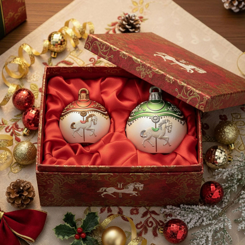 Red and green carousel bauble candle jars in a luxury gift box with red satin - Boowan Nicole