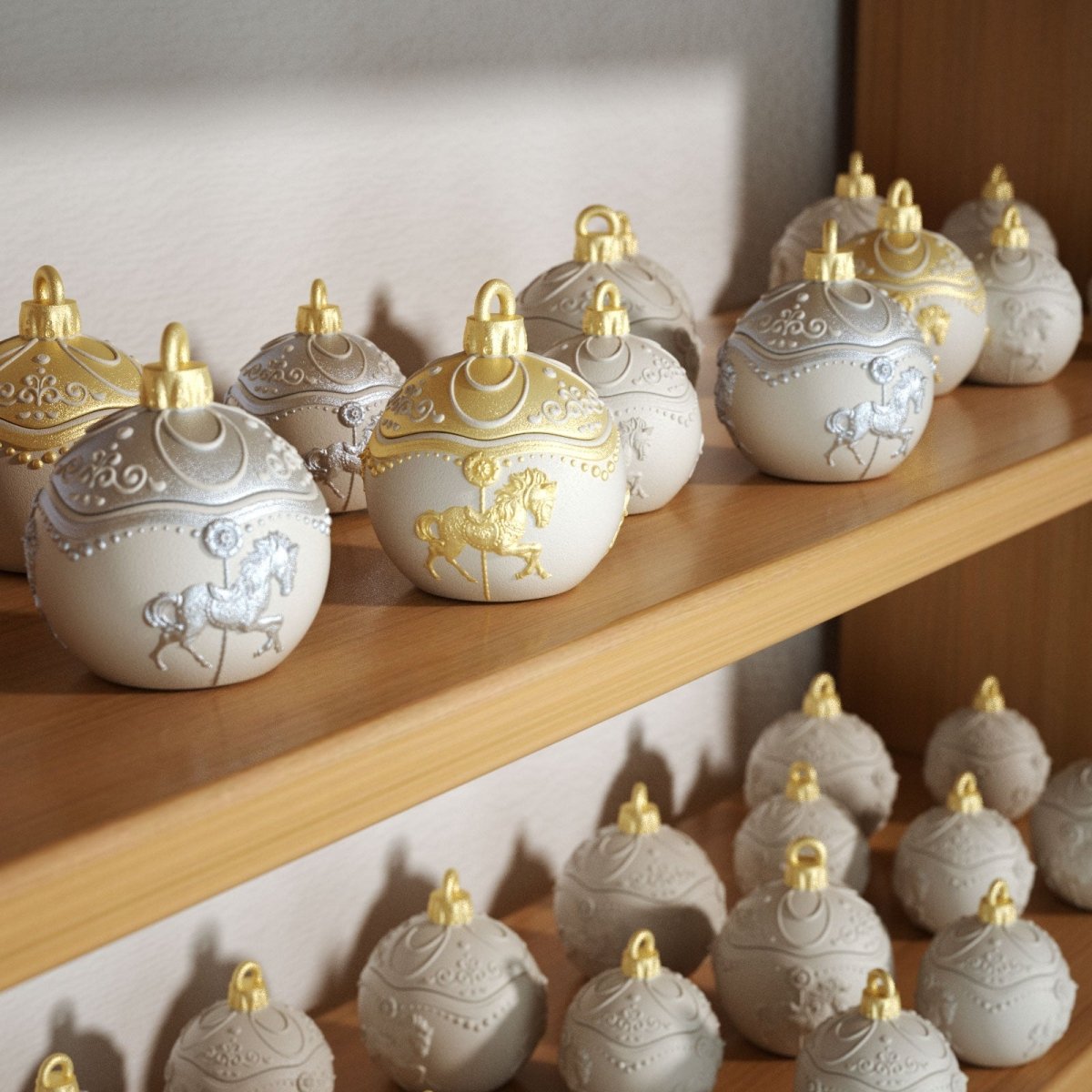Ivory carousel bauble candle jars with gold and silver details displayed on wooden shelves - Boowan Nicole