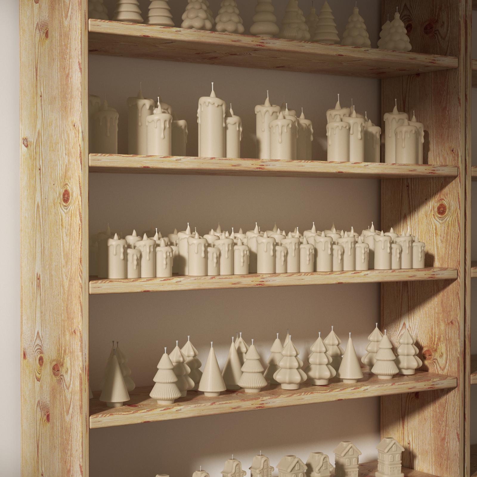 Uncolored Christmas candles neatly arranged on rustic wooden shelves - Boowan Nicole