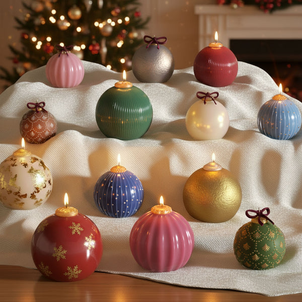 Assorted bauble candles in mixed finishes—fluted, ribbed, hammered, glossy, fir-embossed—with bows and gold caps, glowing on draped fabric; Christmas tree and fireplace backdrop - Boowan Nicole