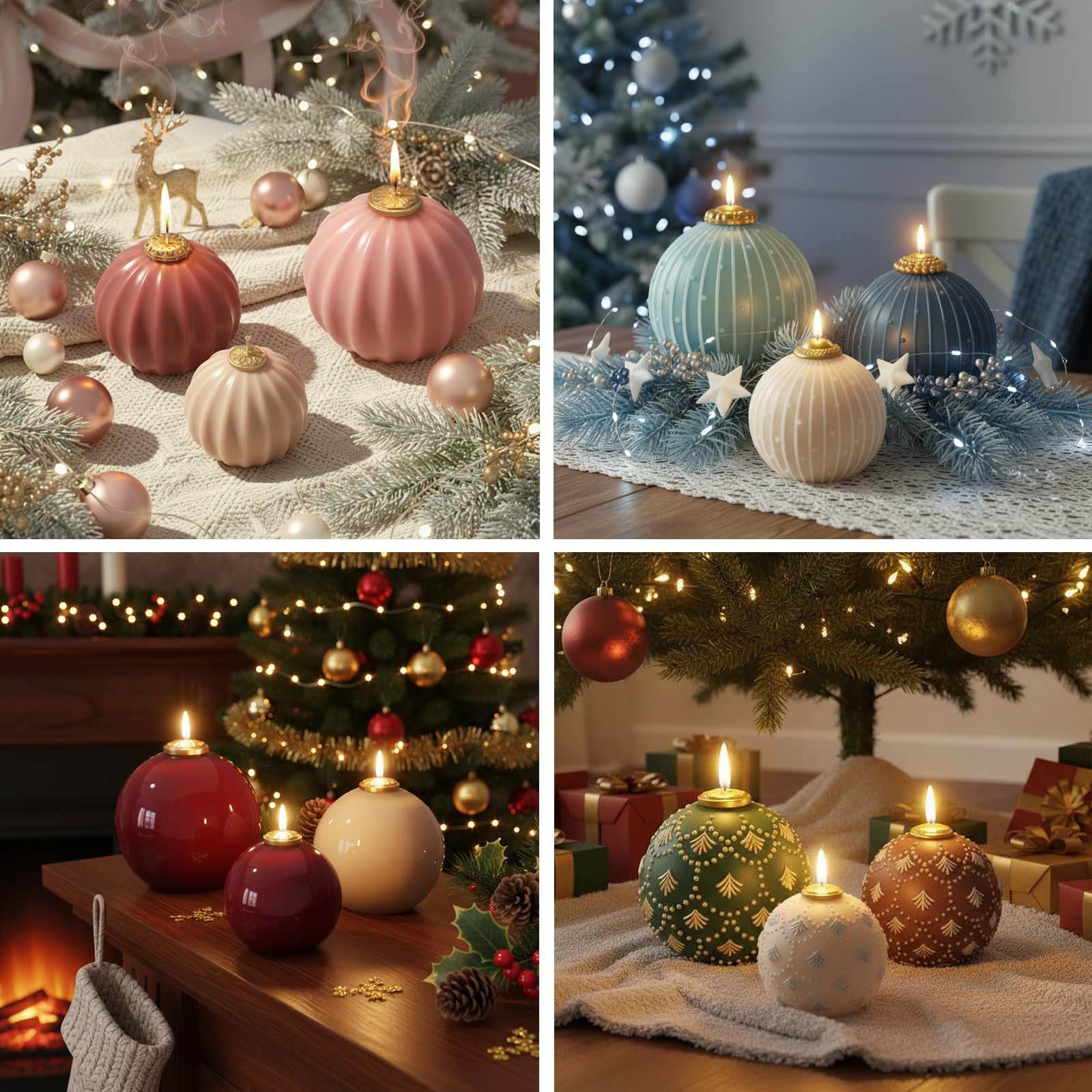 Collage of lit bauble candles in four scenes—pink fluted, blue stripe-dot, glossy red/ivory, and fir-embossed green/cocoa—festive holiday décor - Boowan Nicole