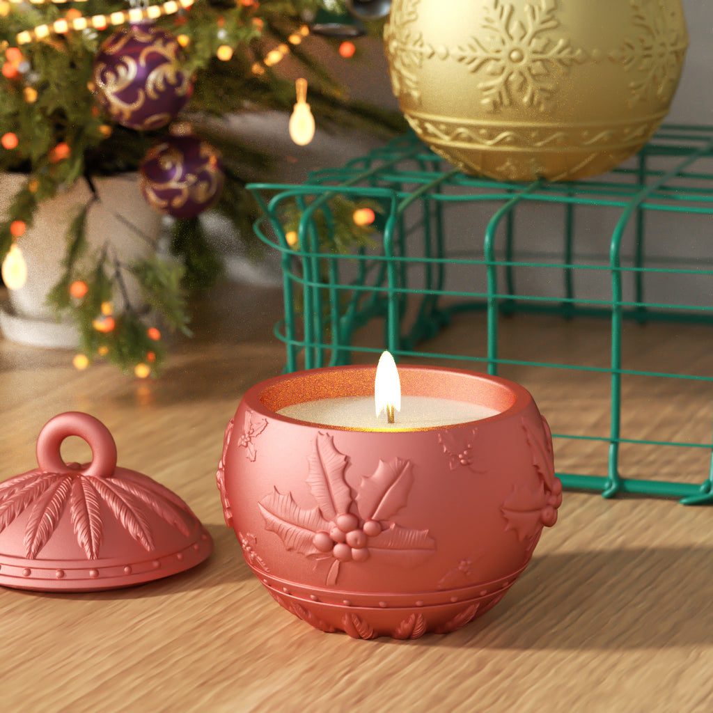 Handcrafted red spherical candle with embossed holly decorations features more refined details-Boowan Nicole