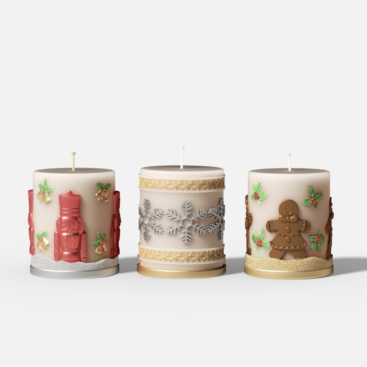 Three Christmas-themed embossed pillar candles featuring Nutcracker, Snowflake, and Gingerbread designs, decorated with glossy varnish and glitter details - Boowan Nicole