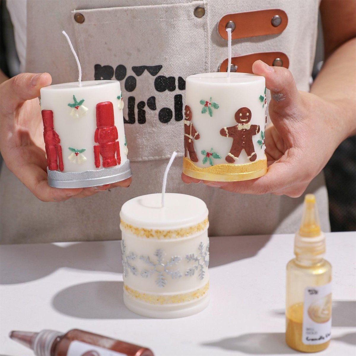 Decorate embossed pillar candles with traditional glossy candle varnish for festive DIY projects - Boowan Nicole