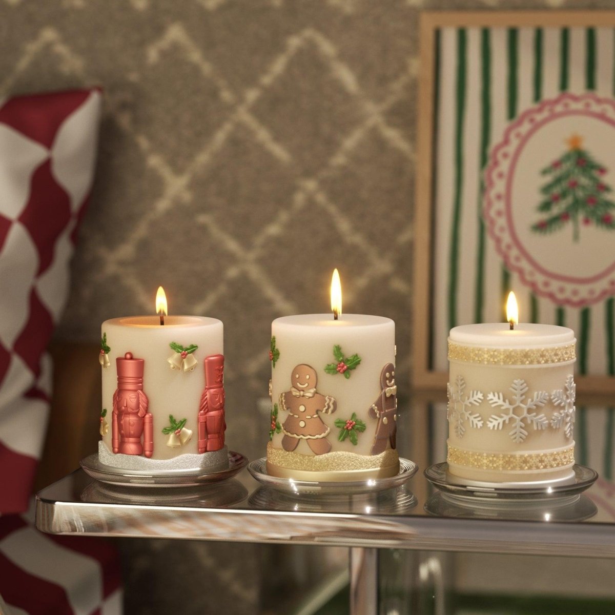 Three lit Christmas-themed embossed pillar candles with Nutcracker, Gingerbread, and Snowflake designs, displayed on metal trays in a cozy holiday setting - Boowan Nicole