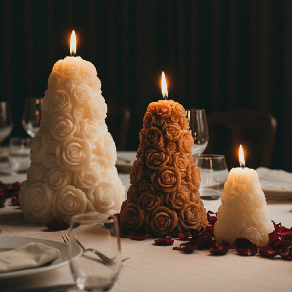 Three cone-shaped rose tree candles in small, medium and large burning on a romantic dinner table centerpiece - Boowan Nicole