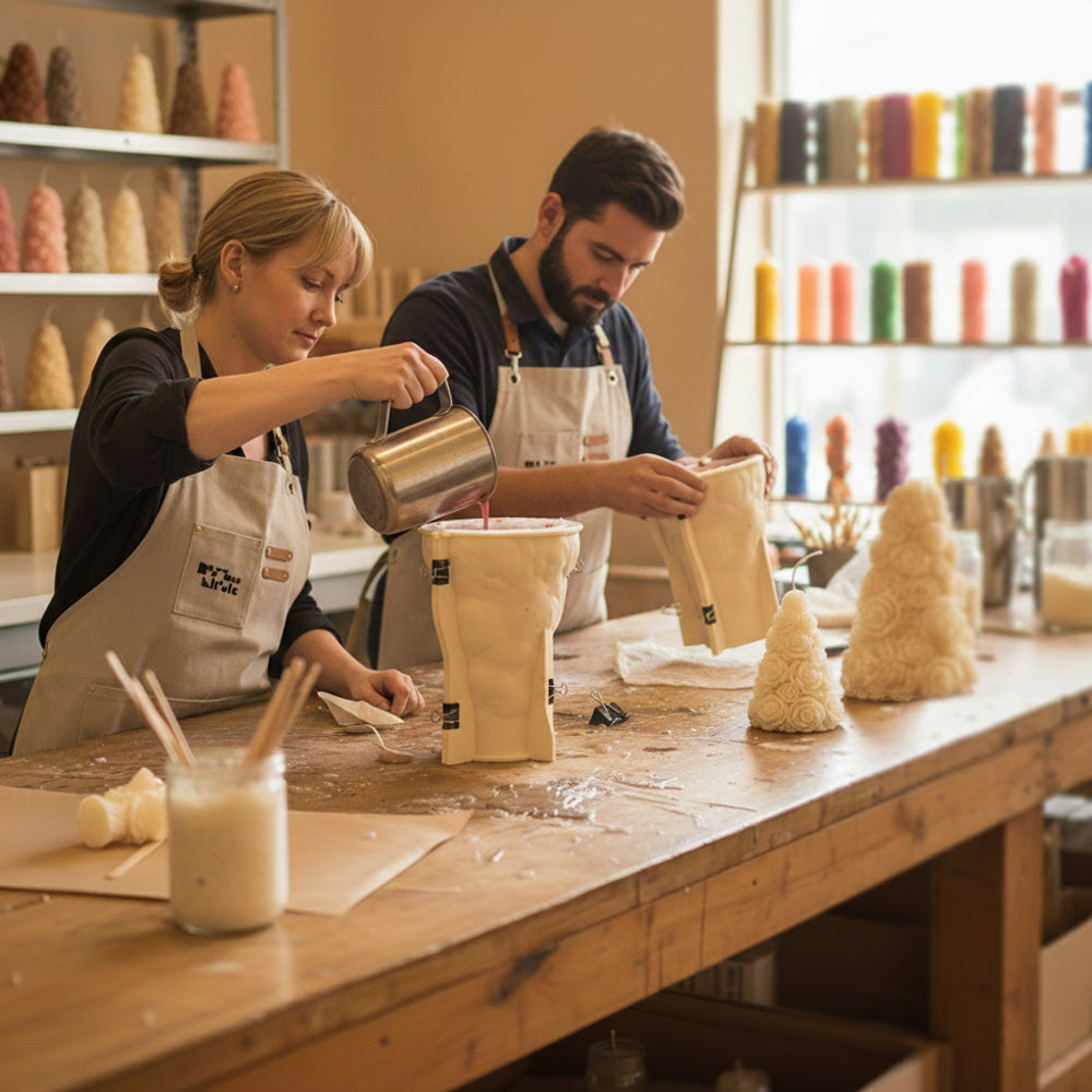 Two artisans pour wax into silicone molds in a candle studio, casting cone-shaped Christmas rose tree candles on a wooden workbench - Boowan Nicole