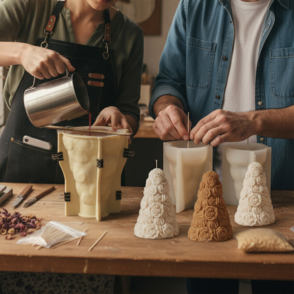 Pouring wax and centering wicks in torso silicone molds with finished rose tree candles on the workbench - Boowan Nicole