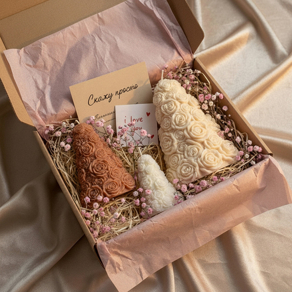 Gift box with three cone-shaped rose tree candles in different sizes, packed with dried flowers and love notes, handmade romantic candle gift set - Boowan Nicole