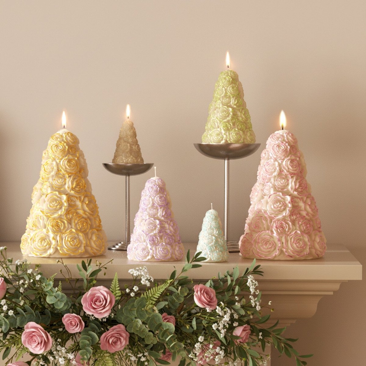 Pastel rose tree pillar candles in multiple sizes on a mantel with flowers for wedding and holiday décor - Boowan Nicole
