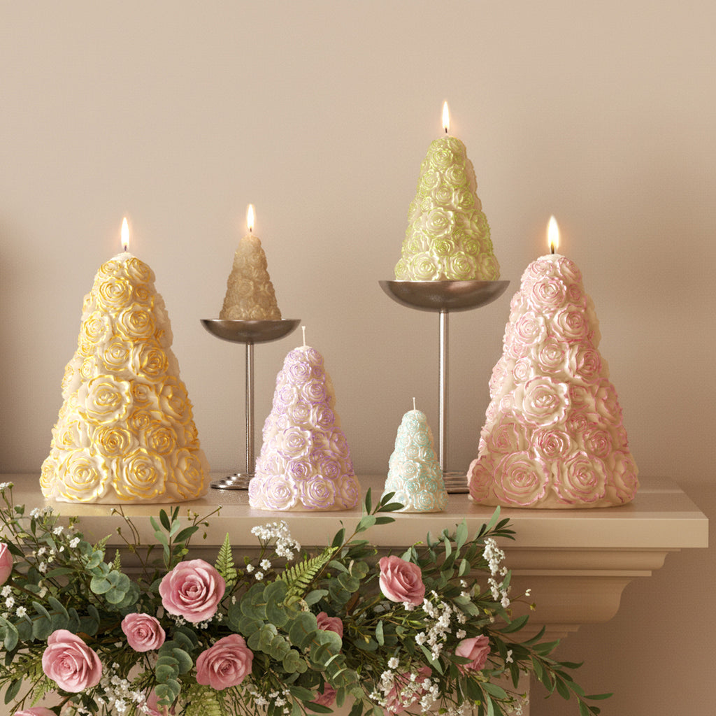 Pastel rose tree pillar candles in multiple sizes on a mantel with flowers for wedding and holiday décor - Boowan Nicole