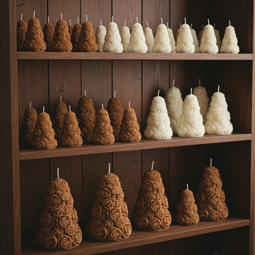 Shelves of caramel and ivory rose tree pillar candles made with rose tree candle silicone molds - Boowan Nicole