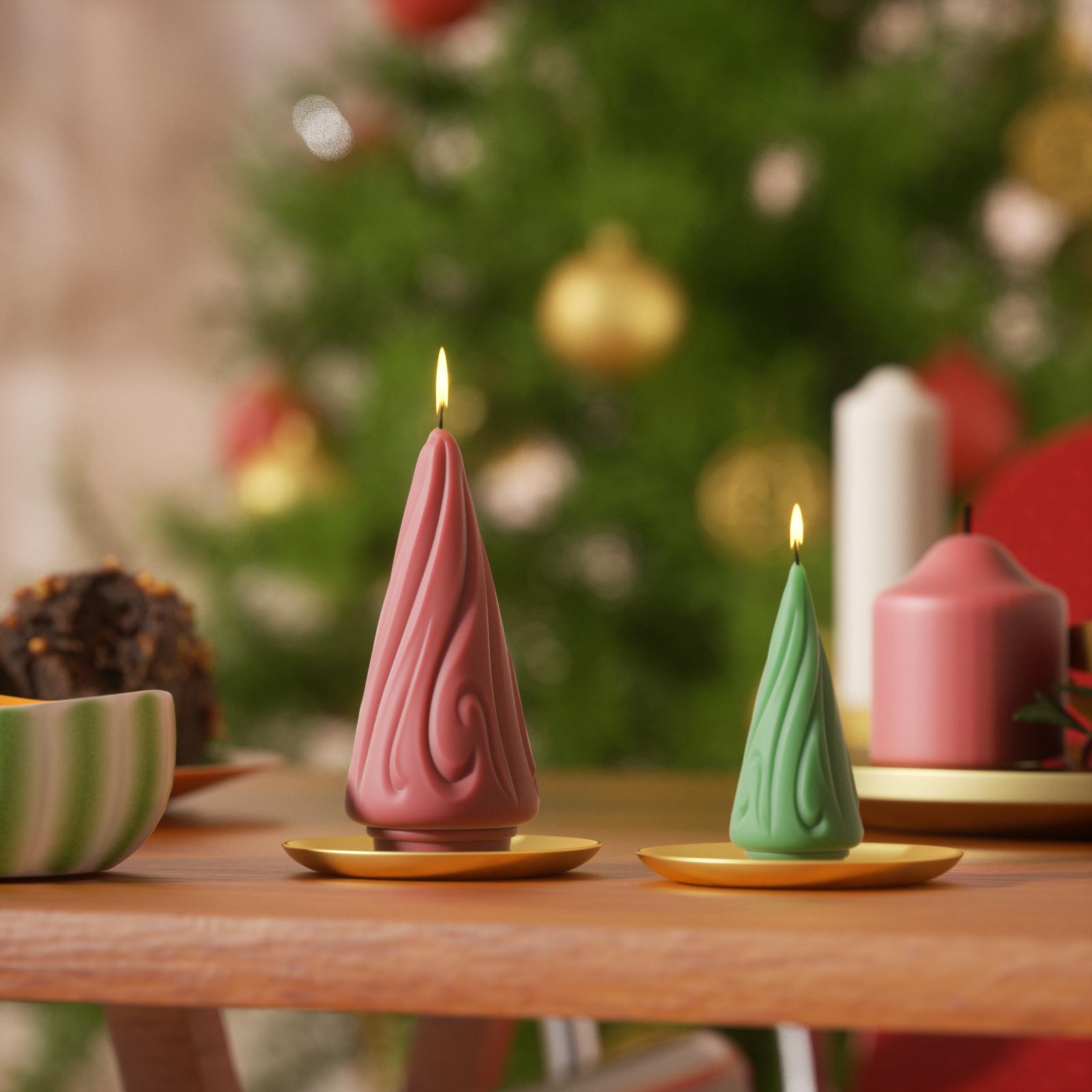 Flowing Christmas tree candles in different colors, large,small, placed on the tray on the dining table--Boowan Nicole